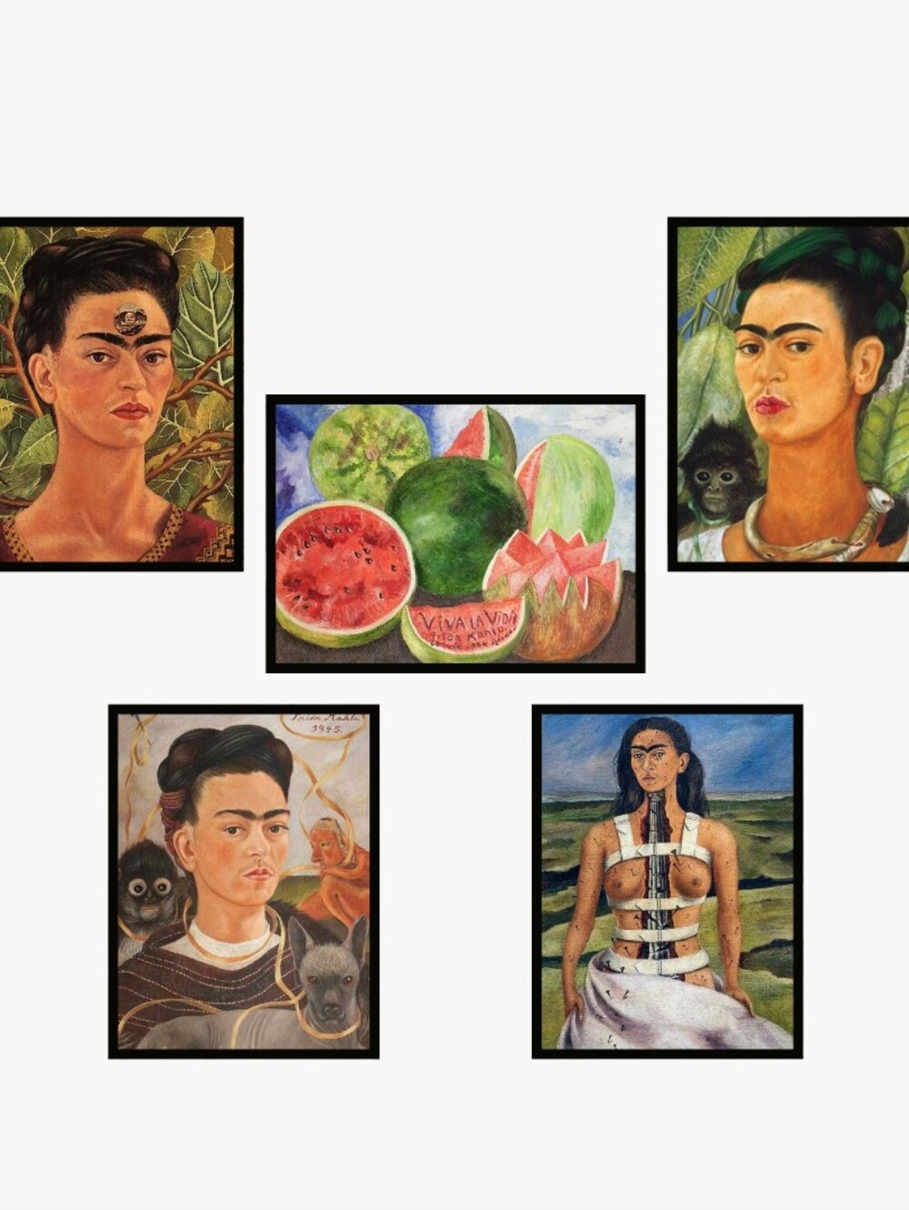 Set of 5 Frida Kahlo Art Prints - Green, Red, Pink, Tan 8.5x11